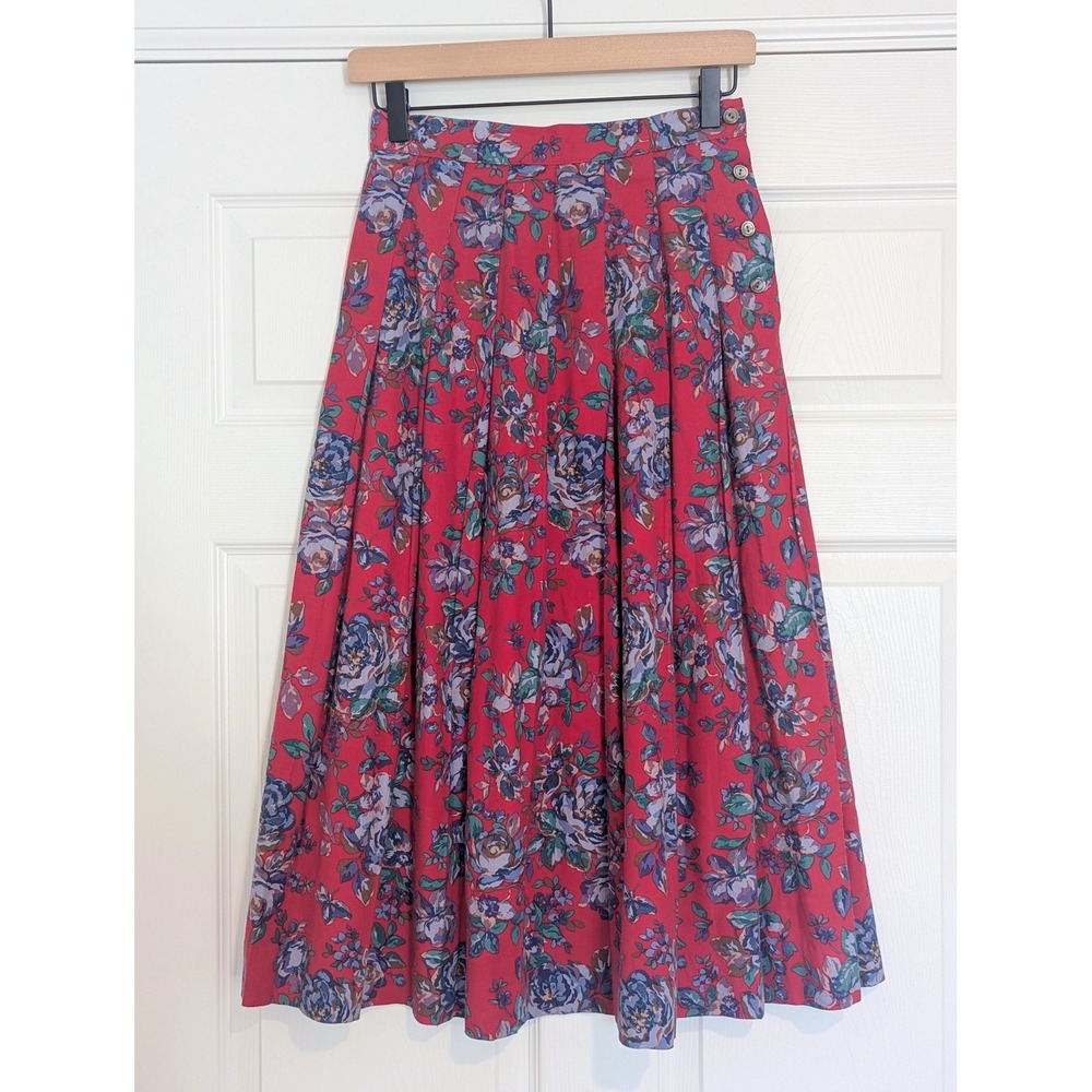 Vintage Laura Ashley Red Floral Cotton Wool Pleated Midi Skirt Made in UK Size 8